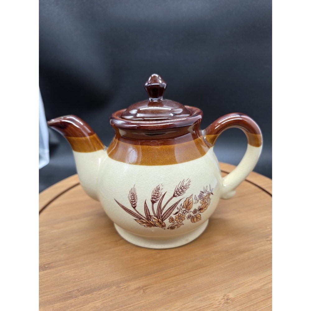 Vintage Harvest Wheat Brown Tan Stoneware Teapot